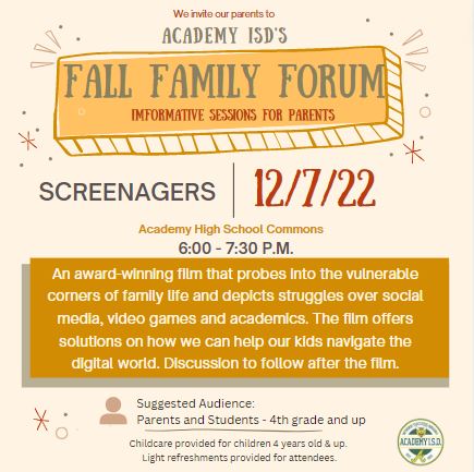   Fall Family Forum: Screenagers, December 7 6 pm at AHS.